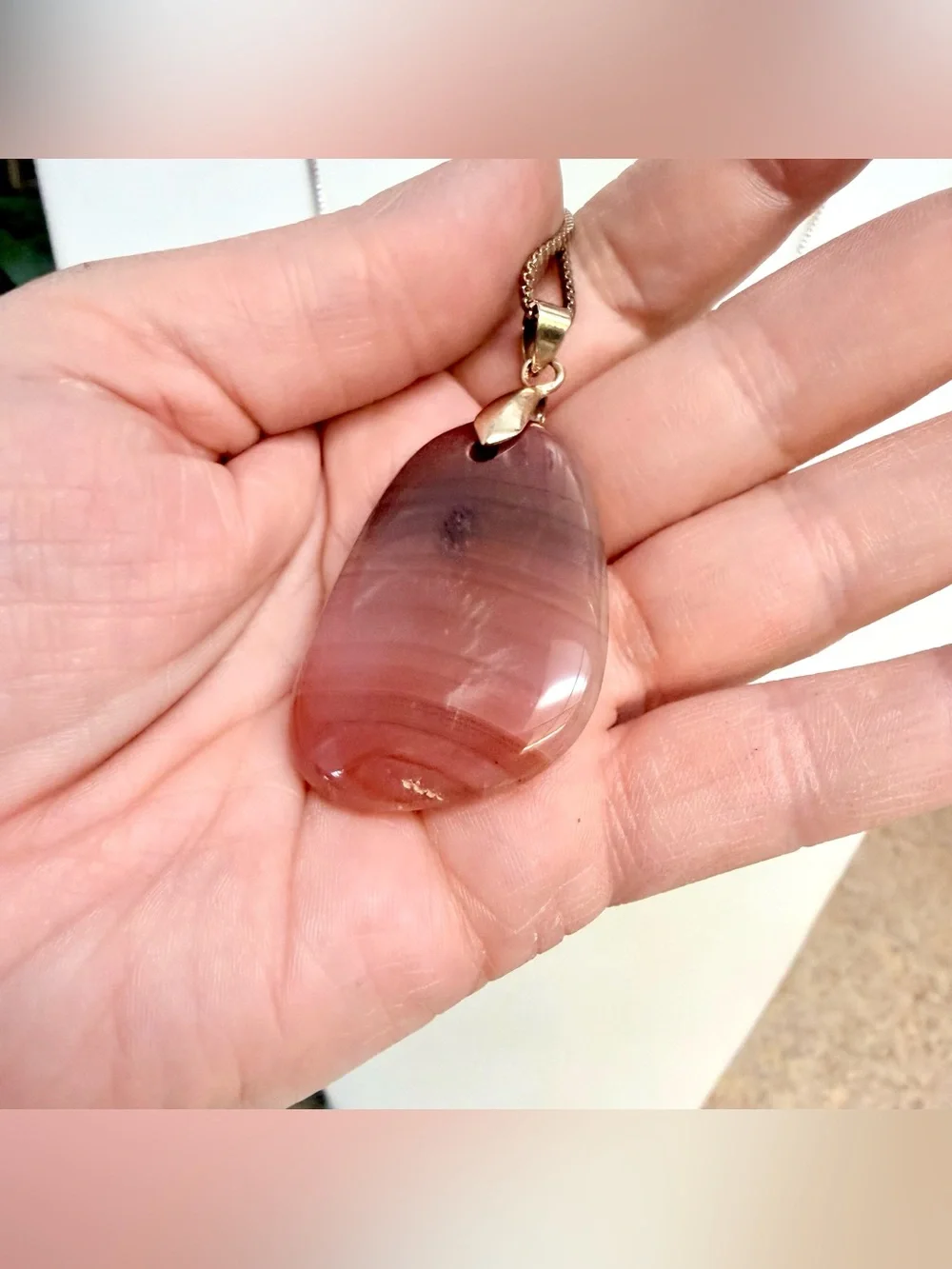 Natural Pink Banded Agate Pendant Necklace Sterling Silver Carnelian Boho